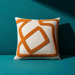 Cojín Artesanal Algodón Bordado Lana Beige Diseño Naranja