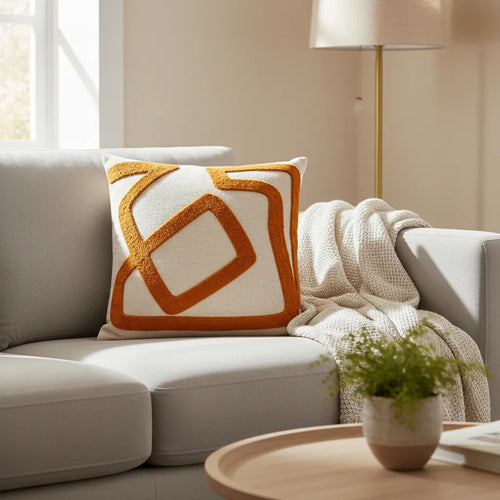 Cojín Artesanal Algodón Bordado Lana Beige Diseño Naranja