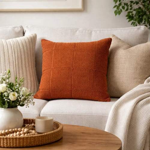 Cojín Relleno Decorativo Diseño Cuadros Naranja Algodón