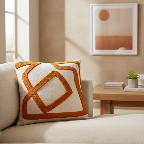 Cojín Artesanal Algodón Bordado Lana Beige Diseño Naranja